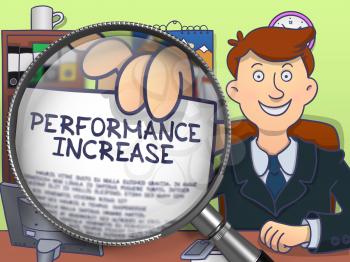 Performance Increase. Officeman Sitting in Office and Holding a through Magnifying Glass Paper with Concept. Colored Doodle Style Illustration.