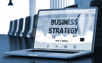 Business Strategy. Closeup Landing Page on Mobile Computer Screen. Modern Meeting Hall Background. Toned Image. Selective Focus. 3D.