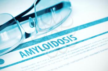 Diagnosis - Amyloidosis. Medical Concept with Blurred Text and Glasses on Blue Background. Selective Focus. 3D Rendering.