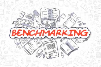 Business Illustration of Benchmarking. Doodle Red Text Hand Drawn Cartoon Design Elements. Benchmarking Concept. 