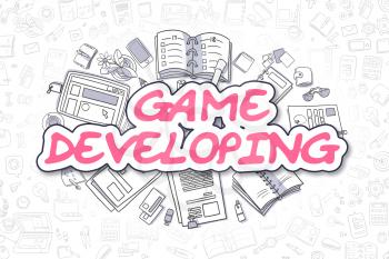 Business Illustration of Game Developing. Doodle Magenta Word Hand Drawn Doodle Design Elements. Game Developing Concept. 