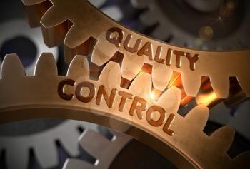 Quality Control on the Mechanism of Golden Cogwheels with Glow Effect. Quality Control on Golden Metallic Cogwheels. 3D Rendering.