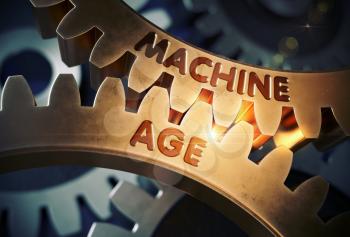 Golden Metallic Cogwheels with Machine Age Concept. Machine Age on Mechanism of Golden Metallic Gears. 3D Rendering.