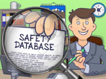 Businessman Holds Out a Paper with Concept Safety Database. Closeup View through Magnifier. Colored Doodle Illustration.