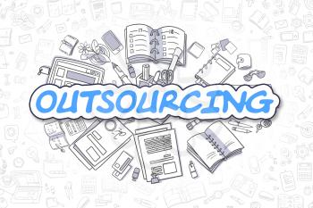 Cartoon Illustration of Outsourcing, Surrounded by Stationery. Business Concept for Web Banners, Printed Materials. 