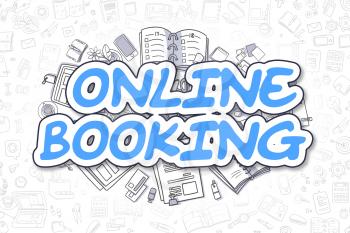 Business Illustration of Online Booking. Doodle Blue Inscription Hand Drawn Doodle Design Elements. Online Booking Concept. 