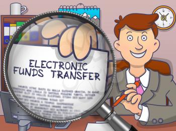 Electronic Funds Transfer on Paper in Man's Hand through Lens to Illustrate a Business Concept. Colored Doodle Illustration.