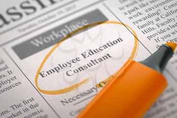 Employee Education Consultant - Jobs Section Vacancy in Newspaper, Circled with a Orange Marker. Blurred Image with Selective focus. Job Search Concept. 3D.