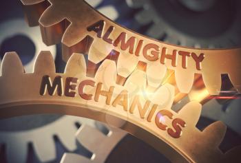Almighty Mechanics on the Mechanism of Golden Metallic Gears with Glow Effect. Almighty Mechanics on Golden Cog Gears. 3D Rendering.