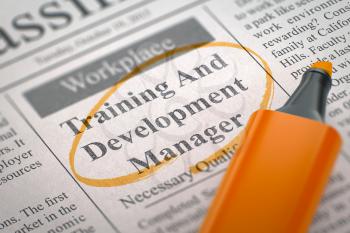 Training And Development Manager. Newspaper with the Small Advertising, Circled with a Orange Marker. Blurred Image. Selective focus. Concept of Recruitment. 3D Rendering.