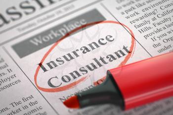 Insurance Consultant - Small Ads of Job Search in Newspaper, Circled with a Red Highlighter. Blurred Image with Selective focus. Hiring Concept. 3D.