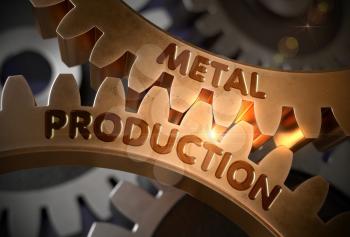 Golden Cog Gears with Metal Production Concept. Metal Production on the Mechanism of Golden Metallic Gears. 3D Rendering.