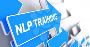 NLP Training, Label on Blue Arrow. NLP Training - Blue Arrow with a Text Indicates the Direction of Movement. 3D.
