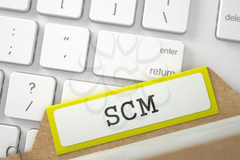 SCM written on Yellow File Card on Background of White PC Keypad. Closeup View. Blurred Illustration. 3D Rendering.