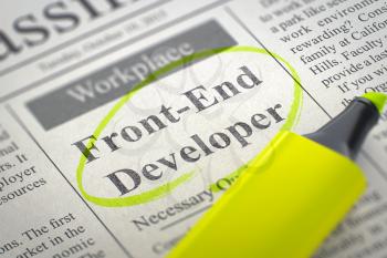 Front-End Developer - Job Vacancy in Newspaper, Circled with a Yellow Marker. Blurred Image. Selective focus. Job Search Concept. 3D Render.
