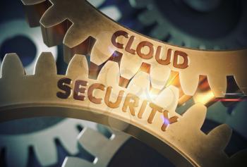 Cloud Security on the Mechanism of Golden Metallic Cog Gears with Lens Flare. Cloud Security - Technical Design. 3D Rendering.