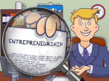 Entrepreneurship. Concept on Paper in Officeman's Hand through Magnifying Glass. Colored Modern Line Illustration in Doodle Style.