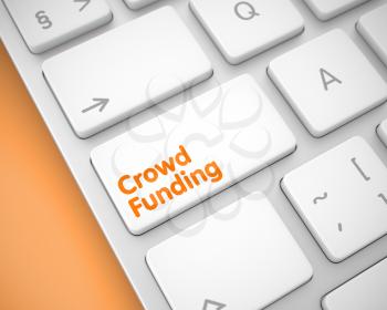 Online Service Concept: Crowd Funding on the Computer Keyboard lying on Orange Background. Business Concept. White Button on Aluminum Keyboard. 3D Render.