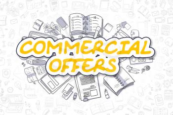 Commercial Offers Doodle Illustration of Yellow Word and Stationery Surrounded by Cartoon Icons. Business Concept for Web Banners and Printed Materials. 