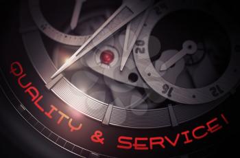 Luxury Watch Machinery Macro Detail with Inscription Quality And Service. Elegant Watch with Quality And Service on Face, Symbol of Time. Business Concept with Lens Flare. 3D Rendering.
