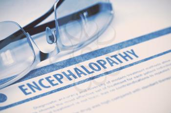 Diagnosis - Encephalopathy. Medical Concept on Blue Background with Blurred Text and Spectacles. Selective Focus. 3D Rendering.