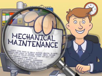 Mechanical Maintenance. Text on Paper in Businessman's Hand through Magnifier. Multicolor Doodle Illustration.