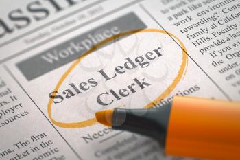 Sales Ledger Clerk. Newspaper with the Vacancy, Circled with a Orange Highlighter. Blurred Image. Selective focus. Job Search Concept. 3D.