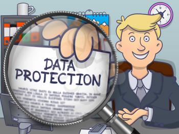 Business Man Holding a Paper with Inscription Data Protection. Closeup View through Magnifying Glass. Multicolor Modern Line Illustration in Doodle Style.