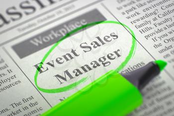 A Newspaper Column in the Classifieds with the Job Vacancy of Event Sales Manager, Circled with a Green Marker. Blurred Image. Selective focus. Concept of Recruitment. 3D Rendering.