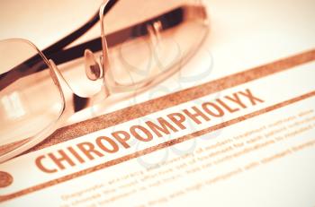 Diagnosis - Chiropompholyx. Medical Concept with Blurred Text and Eyeglasses on Red Background. Selective Focus. 3D Rendering.