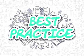 Cartoon Illustration of Best Practice, Surrounded by Stationery. Business Concept for Web Banners, Printed Materials. 