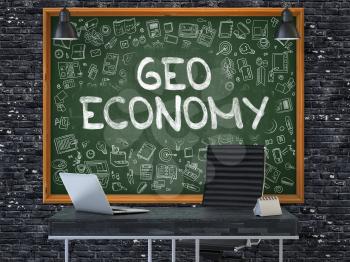 Green Chalkboard on the Dark Brick Wall in the Interior of a Modern Office with Hand Drawn Geo Economy. Business Concept with Doodle Style Elements. 3D.