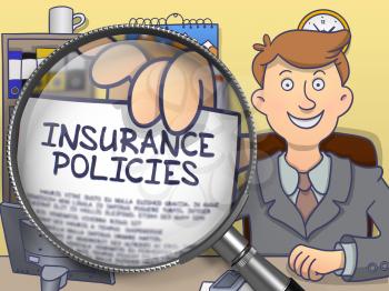 Insurance Policies. Concept on Paper in Business Man's Hand through Magnifying Glass. Multicolor Modern Line Illustration in Doodle Style.