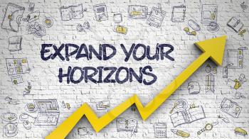 Expand Your Horizons - Line Style Illustration with Doodle Design Elements. Expand Your Horizons - Improvement Concept. Inscription on the White Brickwall with Doodle Icons Around. 