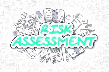 Cartoon Illustration of Risk Assessment, Surrounded by Stationery. Business Concept for Web Banners, Printed Materials. 