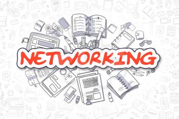 Red Word - Networking. Business Concept with Cartoon Icons. Networking - Hand Drawn Illustration for Web Banners and Printed Materials. 