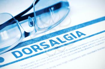 Dorsalgia - Printed Diagnosis with Blurred Text on Blue Background with Spectacles. Medicine Concept. 3D Rendering.