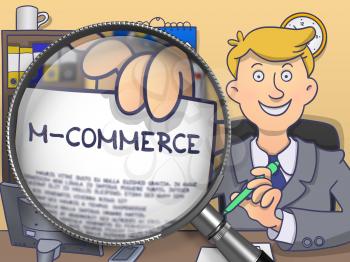 Business Man Sitting in Offiice and Showing Concept on Paper M-Commerce. Closeup View through Lens. Colored Doodle Style Illustration.