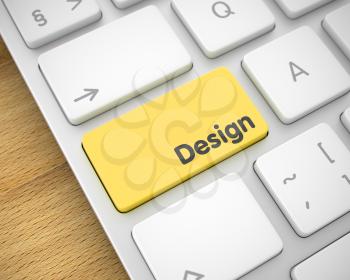 Business Concept: Design on Computer Keyboard lying on the Wood Background. Business Concept with Computer Enter Yellow Button on the Keyboard: Design. 3D.