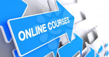 Online Courses - Blue Cursor with a Inscription Indicates the Direction of Movement. Online Courses, Inscription on Blue Arrow. 3D.
