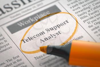 Telecom Support Analyst - Small Advertising in Newspaper, Circled with a Orange Marker. Blurred Image. Selective focus. Job Seeking Concept. 3D Render.