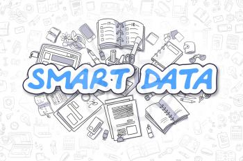 Smart Data - Sketch Business Illustration. Blue Hand Drawn Inscription Smart Data Surrounded by Stationery. Doodle Design Elements. 