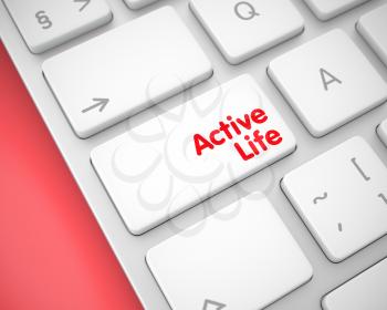 Online Service Concept: Active Life on Slim Aluminum Keyboard lying on the Red Background. Close Up View on the Modern Computer Keyboard - Active Life White Button. 3D Illustration.