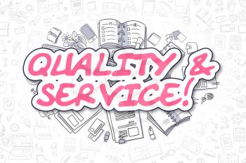 Quality And Service Doodle Illustration of Magenta Word and Stationery Surrounded by Cartoon Icons. Business Concept for Web Banners and Printed Materials. 