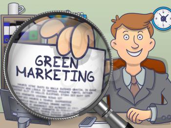 Green Marketing. Businessman Sitting in Offiice and Showing through Magnifying Glass Paper with Inscription. Multicolor Doodle Style Illustration.