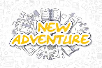 New Adventure Doodle Illustration of Yellow Text and Stationery Surrounded by Cartoon Icons. Business Concept for Web Banners and Printed Materials. 