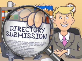 Man in Suit Looking at Camera and Holds Out a Text on Paper Directory Submission Concept through Lens. Closeup View. Colored Doodle Style Illustration.