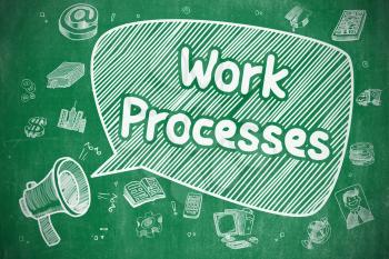 Work Processes on Speech Bubble. Cartoon Illustration of Shouting Mouthpiece. Advertising Concept. Business Concept. Loudspeaker with Text Work Processes. Doodle Illustration on Green Chalkboard. 