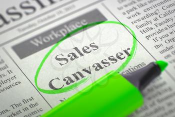 Sales Canvasser - Jobs in Newspaper, Circled with a Green Highlighter. Blurred Image. Selective focus. Hiring Concept. 3D Render.