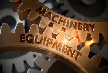 Machinery Equipmenton Golden Metallic Cogwheels. Machinery Equipment on Mechanism of Golden Cog Gears. 3D Rendering.